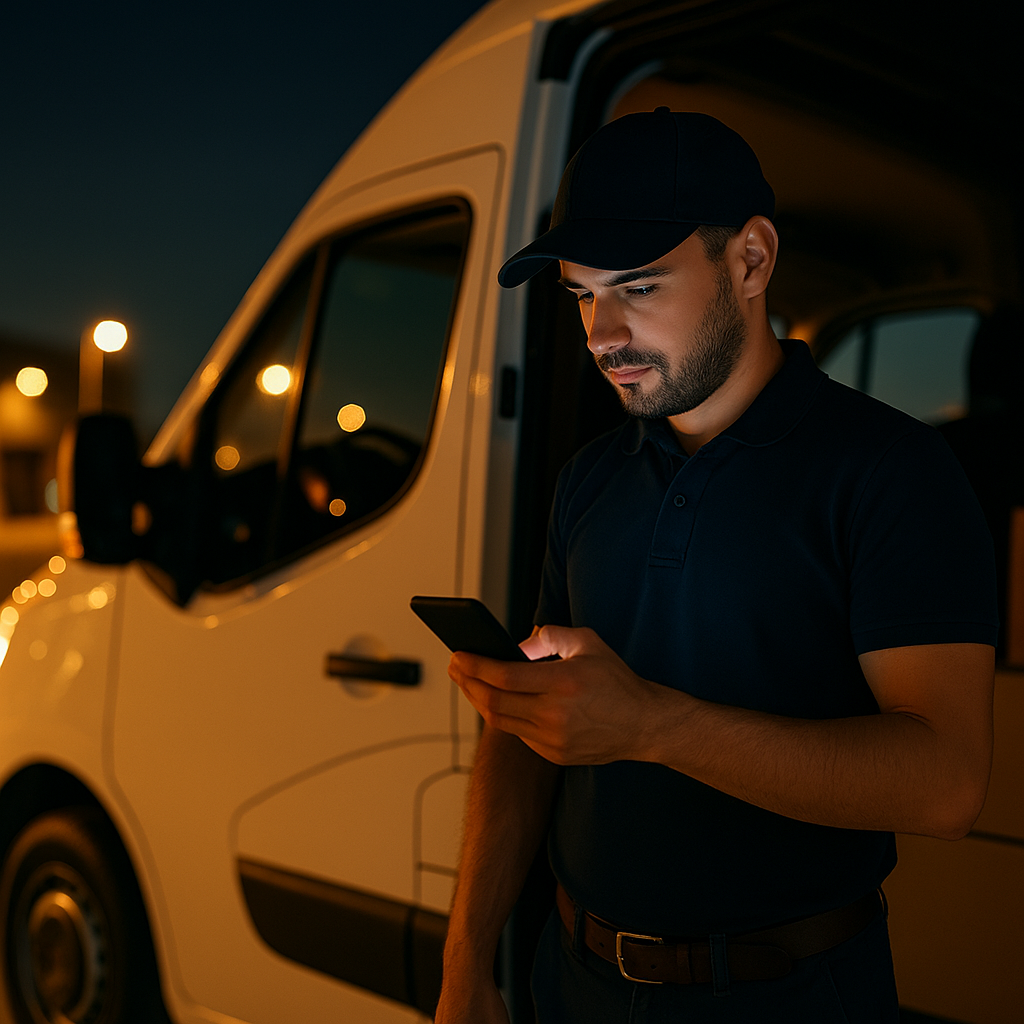 Chauffeur de livraison de nuit à Reims, véhicule utilitaire avec colis, service de transport express 24/7